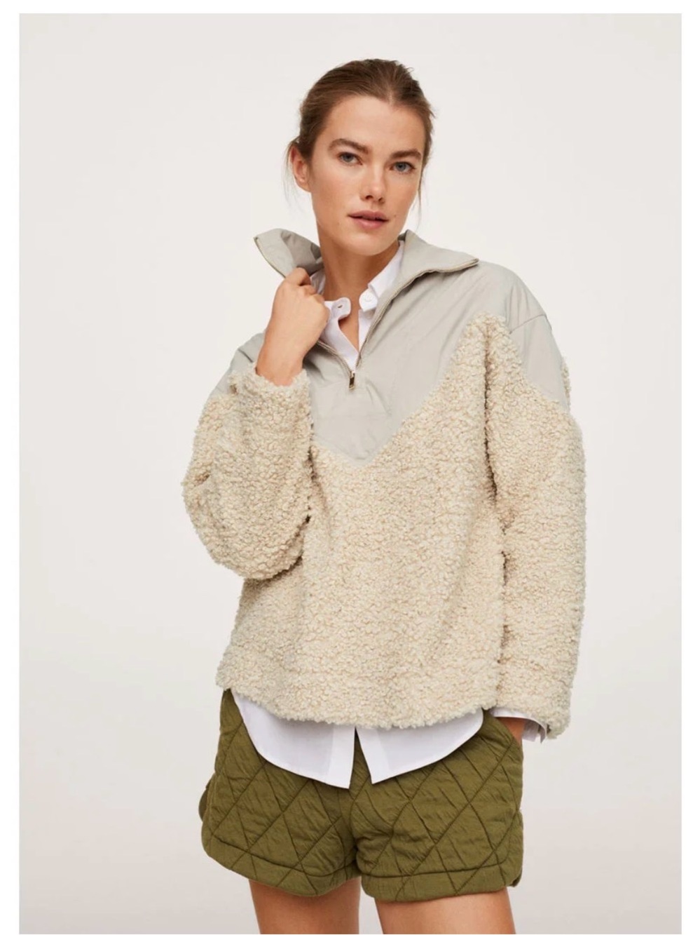 Mango Cream Sherpa V‑Neck Pullover with Light Taupe Yoke